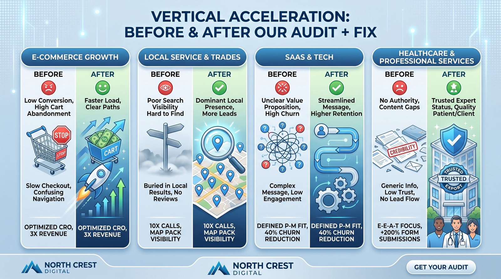 Before-and-after comparison across four business types. Before: low conversion and slow checkout, poor visibility, unclear value proposition, and low trust. After: faster load and clear paths, stronger presence, a streamlined message, and trusted positioning.