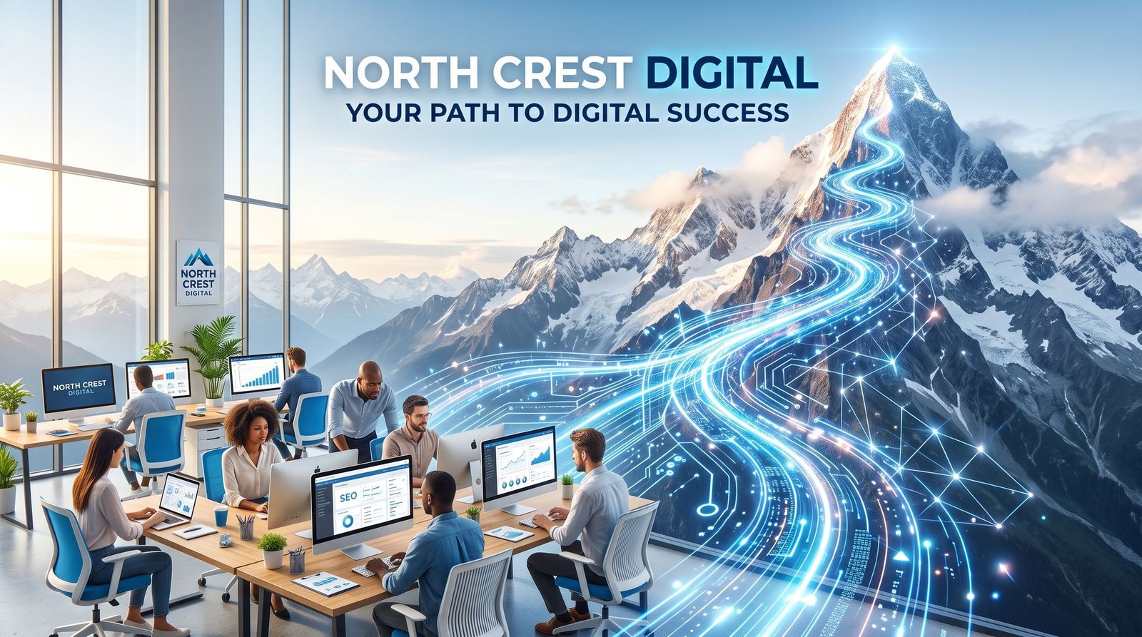 Illustration of a bright marketing office overlooking snow-capped mountains, with a glowing data path climbing to the summit